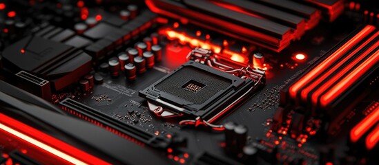 Leinwandbilder - Computer motherboard with glowing red LED lights on a dark background showcasing intricate detailing and technology design.