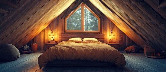 Poster - Cozy attic bedroom interior with a large double bed warm lighting and a spacious window creating a serene atmosphere for relaxation