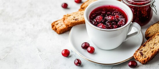 Poster - Espresso coffee with cranberry cantucci cookies and cranberry jam on a textured white background ideal for culinary and lifestyle themes