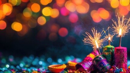Poster - Diwali celebration with vibrant sparklers and colorful bokeh background featuring empty space for custom text or messages