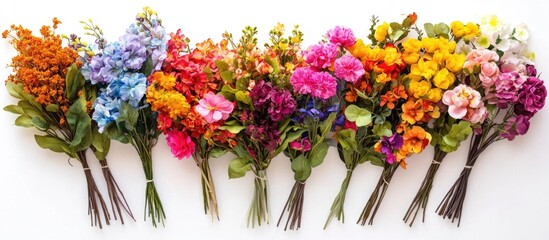 Poster - Colorful assortment of artificial flower bouquets isolated on white background perfect for decoration and design projects.