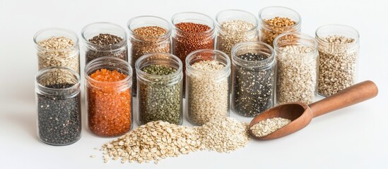 Poster - Diverse assortment of 20 grains displayed in jars with wooden scoop on white background showcasing nutritional variety and culinary potential.