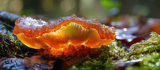 Poster - Dacryopinax spathularia Unique Spatula Shaped Jelly Mushroom in Forest Setting with Soft Focus Background and Natural Lighting