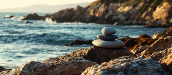 Aufkleber - Stacked stones on a rocky shore against a serene ocean backdrop during sunset, symbolizing tranquility and balance in nature.