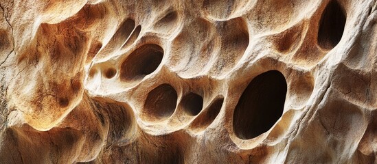 Poster - Sandstone surface texture featuring unique water-carved holes in intricate patterns and natural earthy tones