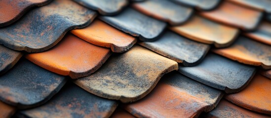 Poster - Close-up view of overlapping roofing tiles showcasing texture and color variations on a newly constructed building.