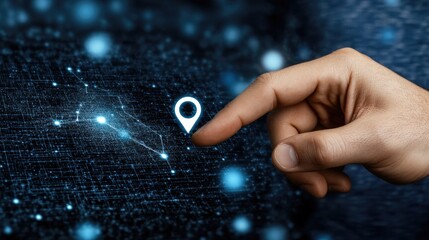 Poster - a businessman touches a digital location icon on a virtual screen, showcasing a global network with 
