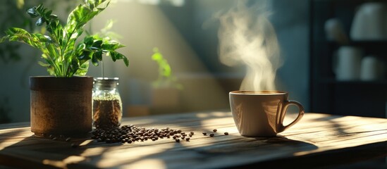Poster - Warm cup of coffee with steam on rustic wooden table beside potted plant and coffee beans illuminated by soft sunlight rays