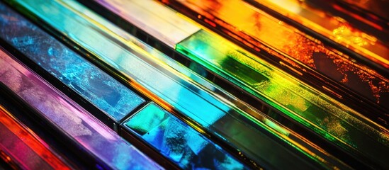 Poster - Colorful reflections from DVD cases creating a vibrant and abstract background showcasing light and texture in a dynamic arrangement.