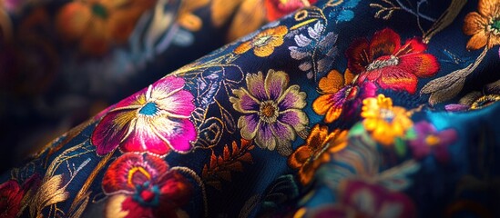 Poster - Vibrant floral fabric with intricate patterns showcasing rich colors and textures for textile and fashion designs.