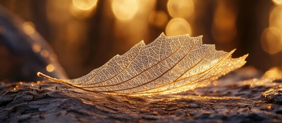 Poster - Autumnal Dry Leaf Glowing in Natural Light with Bokeh Background for Nature and Seasonal Themes