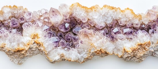 Poster - Macro shot of rough purple amethyst quartz crystals showcasing intricate mineral details against a clean white background.