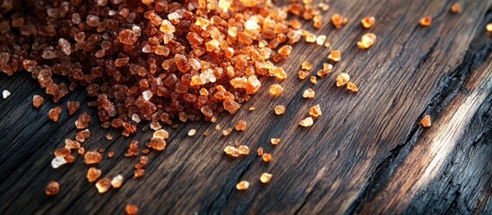 Poster - Crushed traditional smoked salt sprinkled on rustic wooden board showcasing rich textures and natural colors for culinary backgrounds.