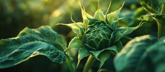 Poster - Macro shot of an unbloomed sunflower bud surrounded by lush green leaves in soft natural light