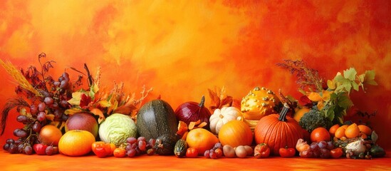 Leinwandbilder - Vibrant Composition of Fresh Vegetables and Fruits on Bright Orange Background Ideal for Seasonal Promotions and Text Overlay