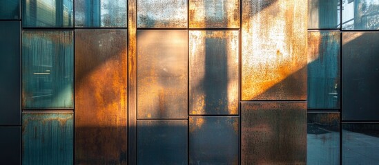 Poster - Rustic metal sheet facade highlighting textures and reflections in urban architecture with sunlight creating dramatic contrasts and shadows.