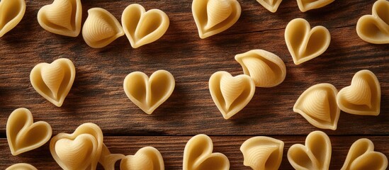 Poster - Heart-shaped Italian pasta scattered on rustic wooden background, perfect for culinary design and food-themed projects.