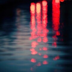 Wall Mural - Blurred cityscape at night with reflections of red lights on water creating a serene atmosphere