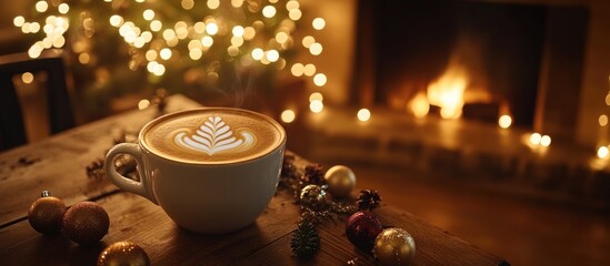 Aufkleber - Cozy cappuccino coffee with festive Christmas tree design beside a glowing fireplace and decorated Christmas tree ambiance
