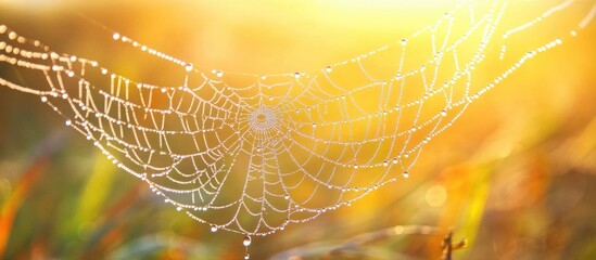 Poster - Dew drops on a delicate spider web glistening in the warm light of sunrise against a serene natural backdrop