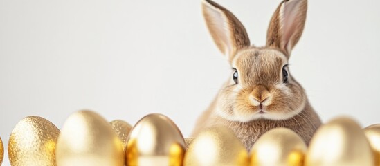 Poster - Cute Easter bunny with golden eggs in a minimalistic frame creating a joyful spring greeting card design on a clean white background.