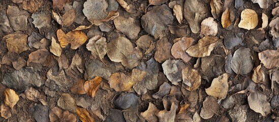 Poster - Dry leaves texture background with a variety of shapes and colors scattered on the ground from a top view perspective.