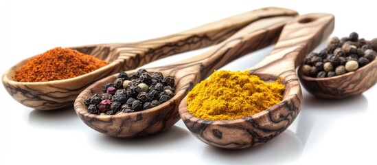 Poster - Assorted spices in wooden spoons on a white background showcasing vibrant colors and textures for culinary and cooking themes.