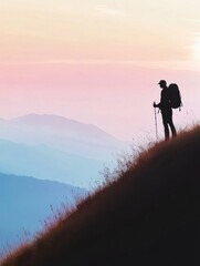 Wall Mural - Hiker stands on mountain ridge during sunset with open space for text. Generative AI