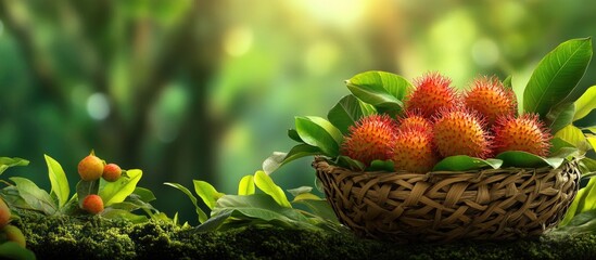 Aufkleber - Ripe rambutan fruit beautifully arranged in a bamboo basket surrounded by lush greenery showcasing Asian fruit diversity