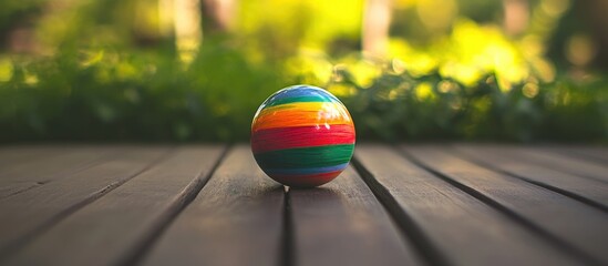 Aufkleber - Colorful striped ball resting on a wooden surface with a blurred greenery background highlighting playful summer vibes and outdoor fun.