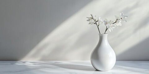 Wall Mural - Elegant white ceramic vase with flowers on marble surface casting soft shadows and providing empty space for text or branding.