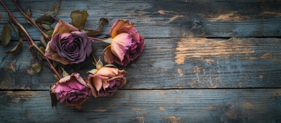 Poster - Dried rose flowers on weathered wooden background with ample copy space for text or design elements in a vintage still life composition