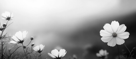 Aufkleber - Cosmos flowers blooming in a serene black and white field with ample space for text showcasing nature's beauty and tranquility