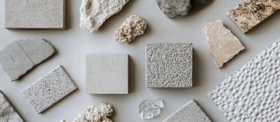 Fototapete - Various textures and colors of concrete and stone samples arranged on a neutral background for architectural design inspiration.