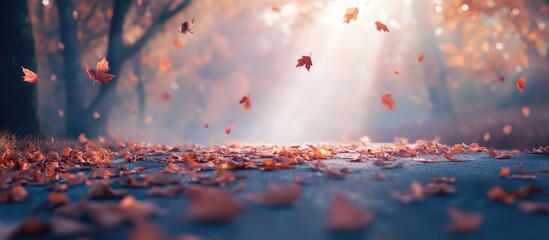 Poster - Autumn leaves scattered on a serene forest road illuminated by soft sunlight creating a peaceful and tranquil atmosphere