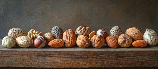 Poster - Assorted raw mixed nuts with shells arranged on a wooden surface showcasing natural textures and earthy tones for a rustic background.