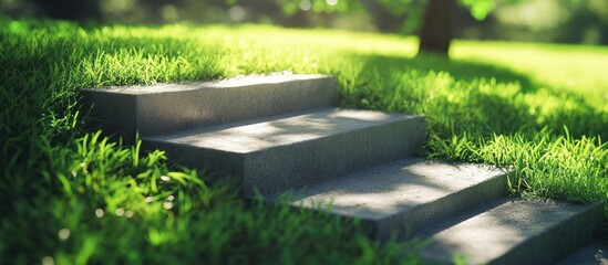 Poster - Concrete steps surrounded by lush green grass in a serene outdoor park setting with soft natural light illuminating the scene.
