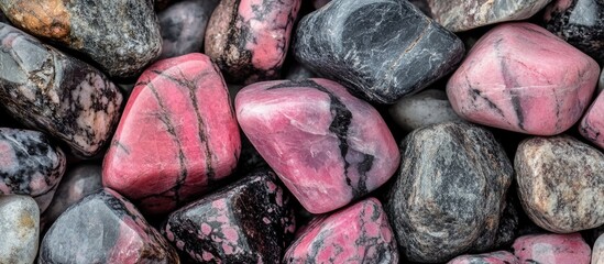 Poster - Close-up view of a diverse collection of polished Rhodonite stones showcasing their unique pink and black mineral patterns.