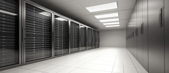 Poster - Close up of a modern server room featuring rows of racks and ample space for text integration in a sleek, high-tech environment