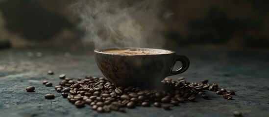 Poster - Coffee cup with steam surrounded by roasted beans on a textured dark cement background inviting warmth and aroma.