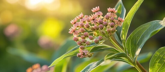 Aufkleber - Common milkweed plant with pink flower buds captured in a sunlit park setting showcasing vibrant foliage and natural beauty.