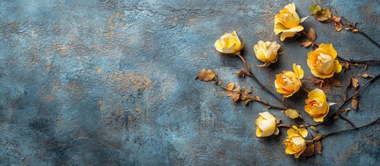 Poster - Dried yellow roses arranged on a textured concrete background for a vintage or rustic aesthetic design.