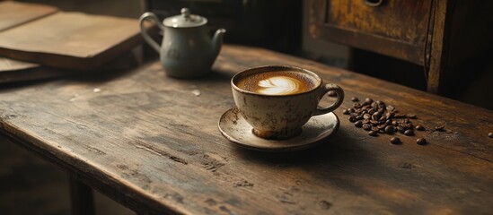 Poster - Vintage coffee cup on rustic wooden table with coffee beans and teapot, evoking a warm, cozy atmosphere for lifestyle imagery.