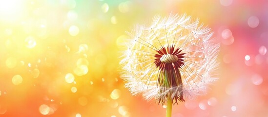 Wall Mural - dandelion seeds with water droplets against a dreamy colorful background showcasing nature's delicat