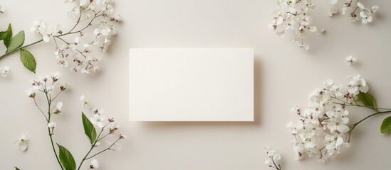 Poster - Elegant blank invitation card surrounded by delicate white flowers on a soft background ideal for event announcements and celebrations.