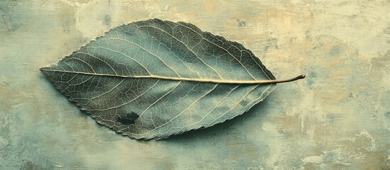 Poster - Close up view of an aged green leaf featuring intricate texture against a soft vintage background with an abstract line design.