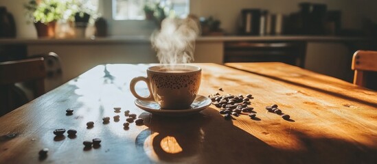Poster - Warm cup of coffee surrounded by roasted beans on a rustic wooden table in a cozy kitchen setting with sunlight streaming through the window