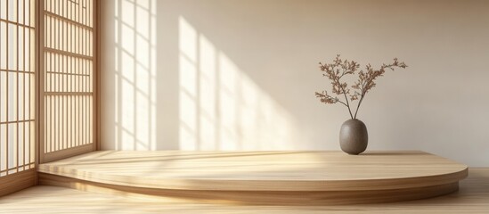 Poster - Curved Wooden Podium in Minimalist Zen Interior with Natural Light and Decorative Vase for Text Placement