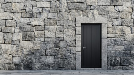 Poster - Stone Wall with Black Door Design featuring Blank Space for Custom Text or Branding in a Modern Architectural Setting