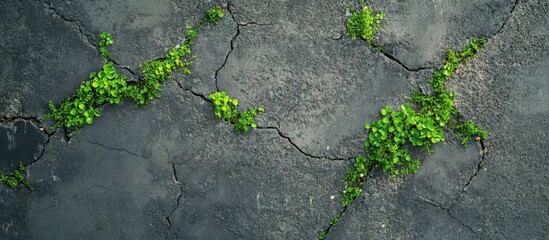Aufkleber - Cracked concrete floor with plants and moss showcasing nature's resilience ideal for backgrounds and environmental themed design projects